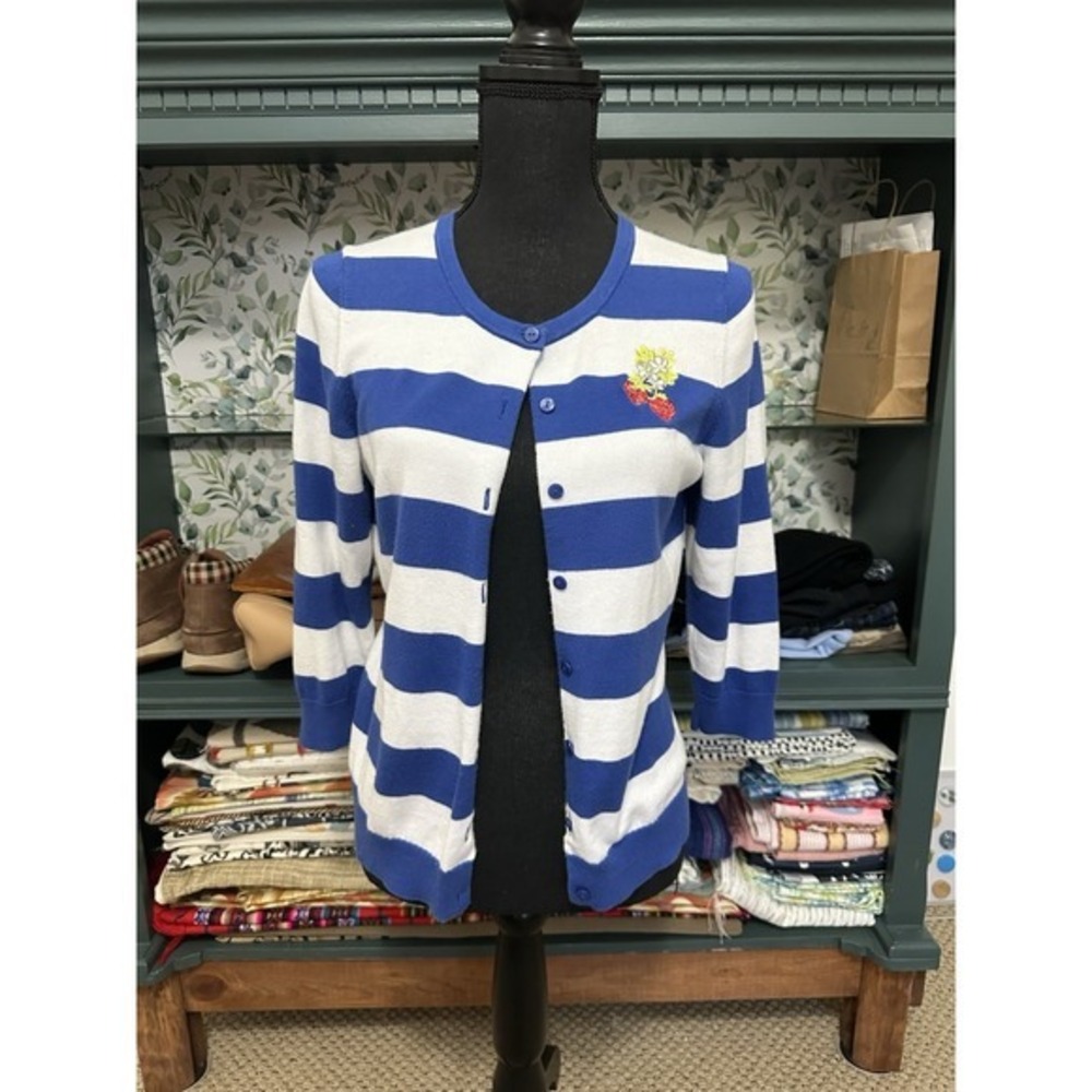 Talbots Button Front Cardigan Sweater Blue White Stripe‎ Embroidered Sz P Medium